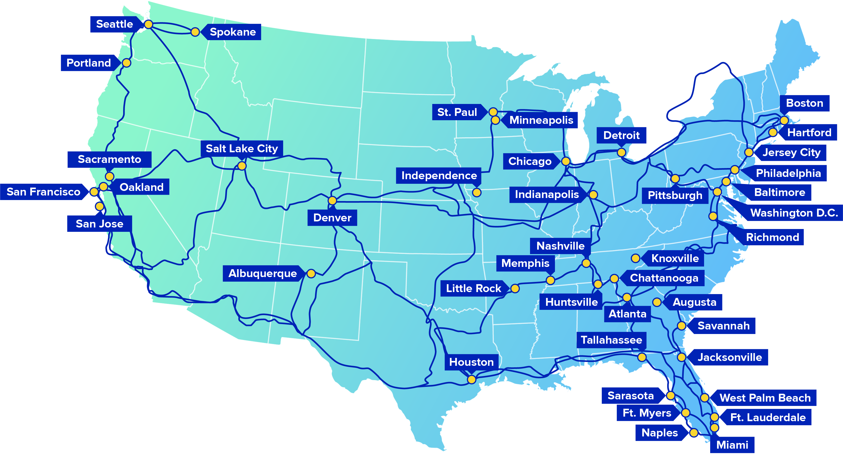U.S. map with pins in major cities across the U.S. and connecting lines